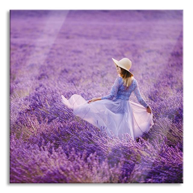 Woman in a Dress Runs Through a Lavender Field - Unframed Photograph on Glass Brayden Studio Size: 80cm H x 80cm W x 0.4cm D on Productcaster.