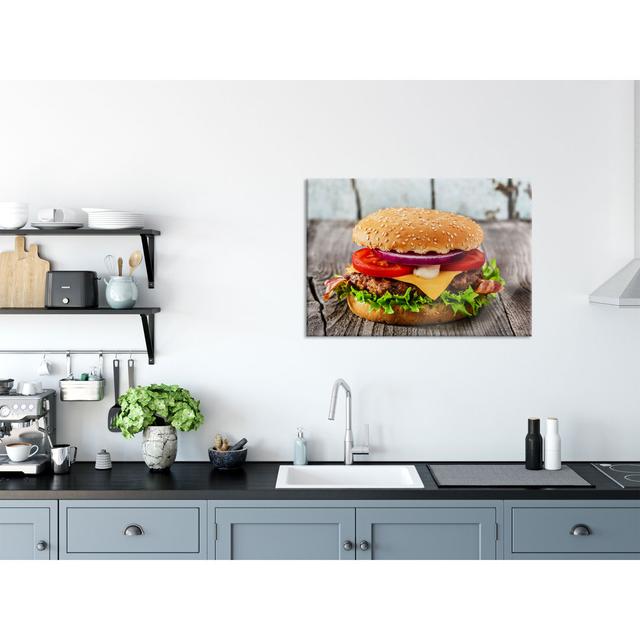 Glass picture | Mural on real glass Delicious cheeseburger including suspension and spacers 6598 Brayden Studio Size: 70cm H x 100cm W on Productcaster.