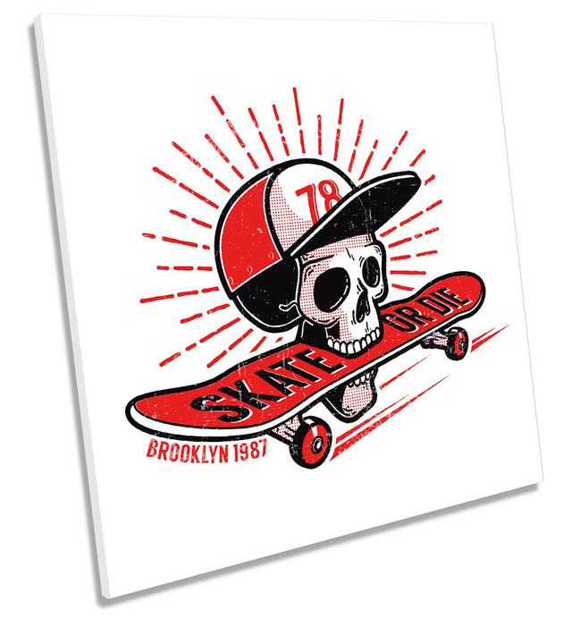 Skate Or Die Skull Skater Picture CANVAS WALL ART Print Square Red Maturi Size: 76.2cm H x 76.2cm W x 4cm D on Productcaster.