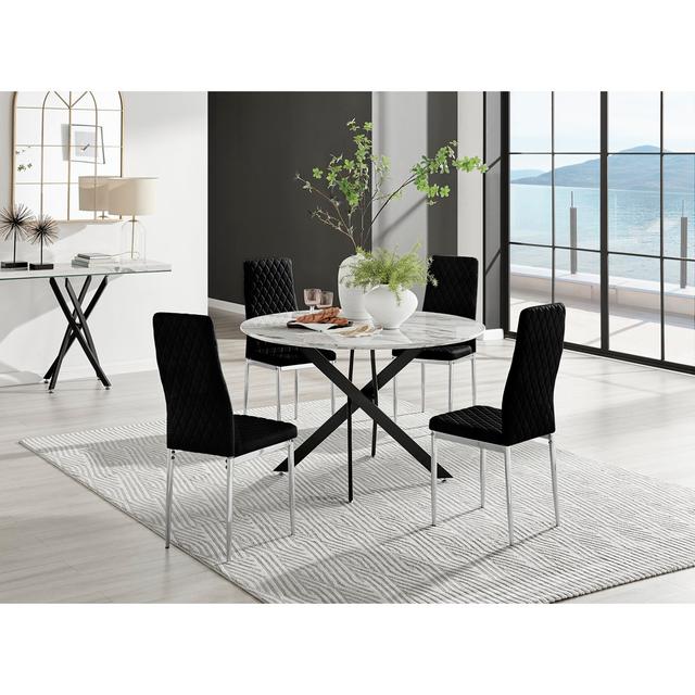 Tierra Modern Marble Effect and Chrome Metal 4 Seat Dining Table Set - Luxury Velvet Dining Chairs Canora Grey Size: 75 x 120 x 120cm, Table Base Colo on Productcaster.