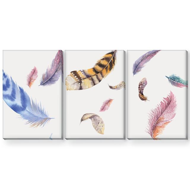 Falling Feather - 3 Piece Graphic Art Set on Canvas Clock Canvas Format: Wrapped Canvas, Size: 70cm H x 150cm W x 3.8cm D on Productcaster.