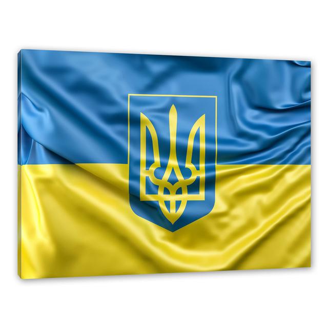 Leinwandbild Ukraine Flagge mit Wappen ModernMoments Größe: 80 cm H x 120 cm B x 2 cm T, Format: Leinwand on Productcaster.