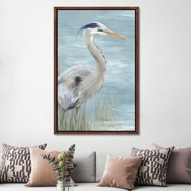 Great Blue Heron Gaze Highland Dunes Size: 152.4cm H x 101.6cm W x 3.81cm D, Format: Classic Brown Wood Framed on Productcaster.