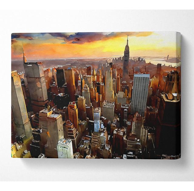 Aerial View Of New York City Sunset - Wrapped Canvas Art Prints Latitude Run Size: 81cm H x 121.9cm W x 10cm D on Productcaster.