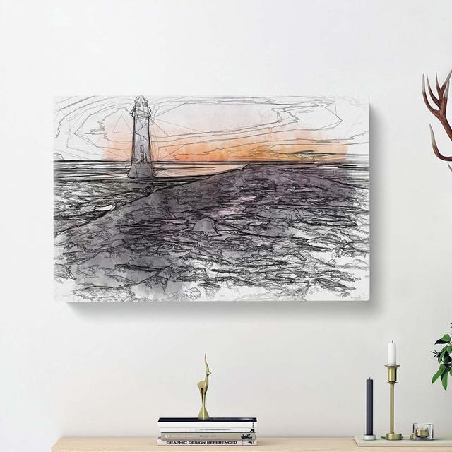 Lighthouse with Orange Sunset in Abstract - Wrapped Canvas Drawing Print East Urban Home Size: 35cm H x 50cm W x 3cm D on Productcaster.