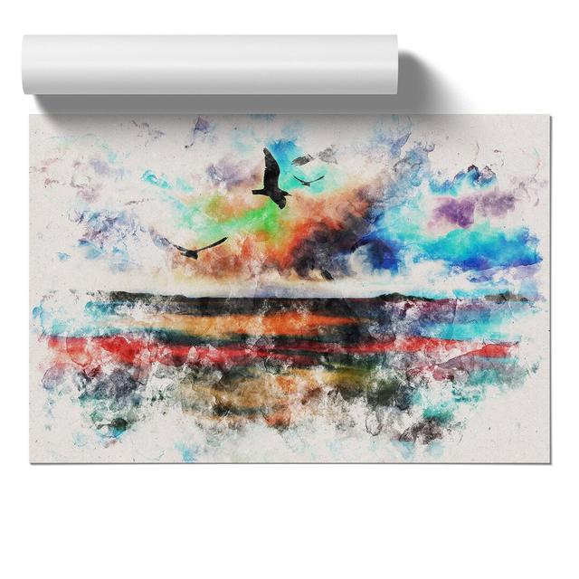 Birds over a Colourful Ocean - Unframed Graphic Art East Urban Home Size: 21cm H x 30cm W x 0.1cm D on Productcaster.