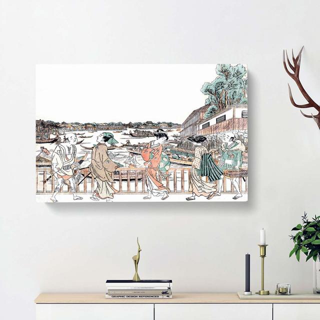 Crossing the Bridge by Utagawa Toyoharu - Wrapped Canvas Painting Print East Urban Home Size: 40cm H x 60cm W x 3cm D on Productcaster.