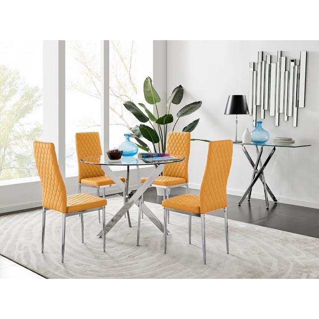 Tierra Modern Metal & Glass Round Dining Table Set with 4 Quilted Faux Leather Chairs Canora Grey Chair Colour: Mustard/Silver on Productcaster.