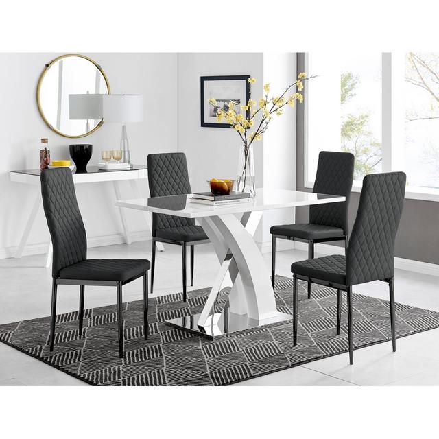 Marietta Chrome Metal & White High Gloss Dining Table Set - 4 Soft Touch Faux Leather Dining Chairs Canora Grey Chair Colour: Black/Black on Productcaster.