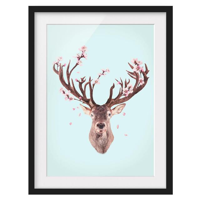 Deer with Cherry Blossoms - Picture Frame Graphic Art Union Rustic Size: 70cm H x 50cm W x 2cm D, Frame Option: Black Framed on Productcaster.