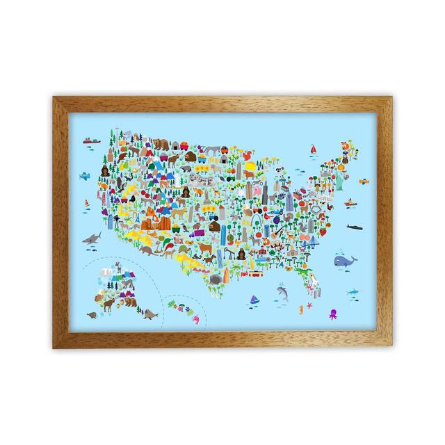 Animal Map of United States by Michael Tompsett - Graphic Art Zoomie Kids Size: 46cm H x 63cm W x 3cm D, Format: Brown Framed on Productcaster.