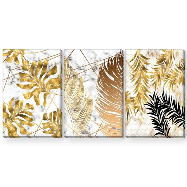 Golden Leaf - 3 Piece Graphic Art Set on Canvas Clock Canvas Format: Wrapped Canvas, Size: 45cm H x 90cm W x 3.8cm D on Productcaster.