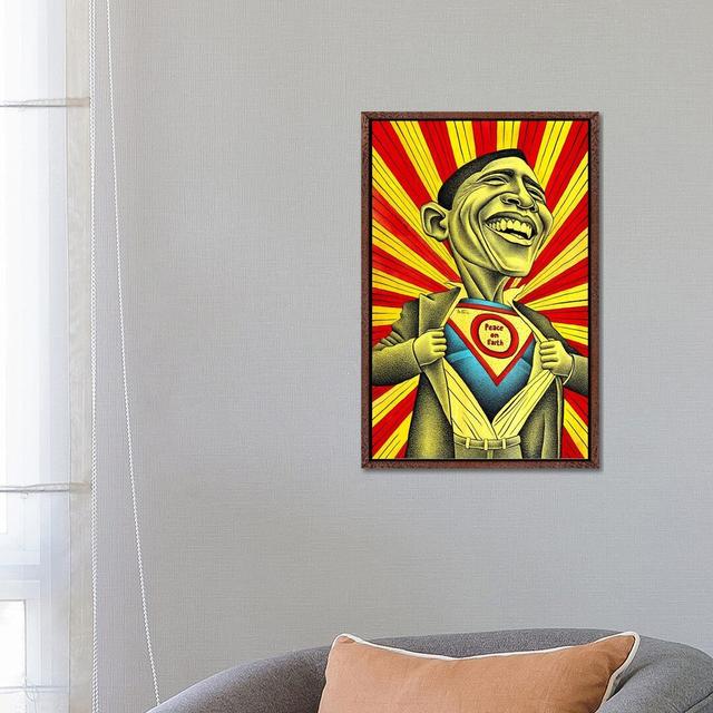 Obama vs. the Fear by Ben Heine - Graphic Art Print on Canvas Maturi Size: 66.04cm H x 45.72cm W x 3.81cm D, Format: Classic Brown Wood Framed on Productcaster.