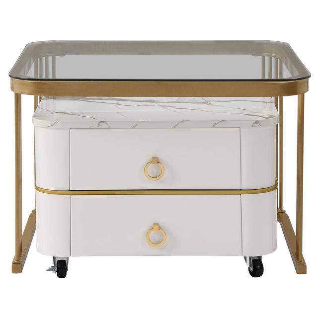 Coffee Table With High-Gloss Marble Exterior And Glass Tabletop, Gold Decoration, Side Table With Drawer (Set Of 2) Canora Grey on Productcaster.