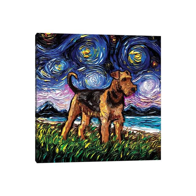 Airedale Terrier Night by Aja Trier - Painting on Canvas Ebern Designs Size: 93.98cm H x 93.98cm W x 3.81cm D, Format: Wrapped Canvas on Productcaster.