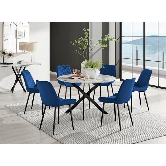 Tierra Modern Chrome Metal & Glass Round Dining Table Set with 6 Luxury Faux Leather Chairs Canora Grey Chair Colour: Navy/Black, Number of Chairs: 6 on Productcaster.