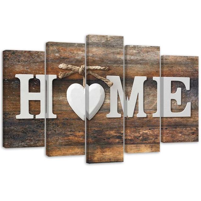 Home Heart Brown Retro - 5 Piece Wrapped Canvas Set August Grove Size: 70cm H x 100cm W on Productcaster.