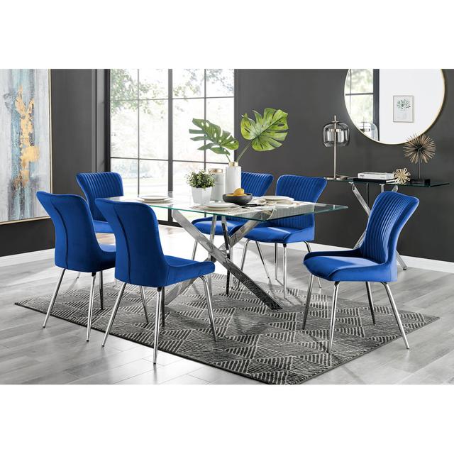 Leonardo Glass And Chrome Dining Table & 6 Blue Nora Silver Leg Chairs Furniture Box on Productcaster.