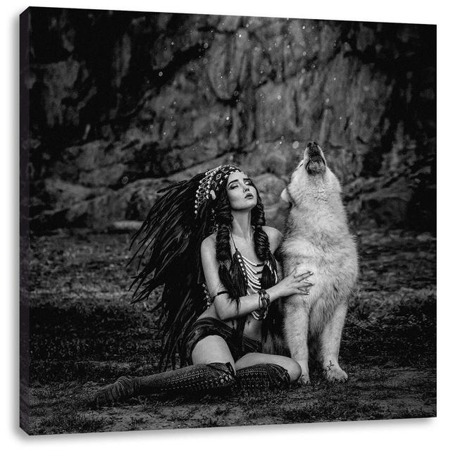 Leinwandbild Indian Woman and Howling Wolfhound Alpen Home Größe: 60 cm H x 60 cm B x 1,8 cm T on Productcaster.