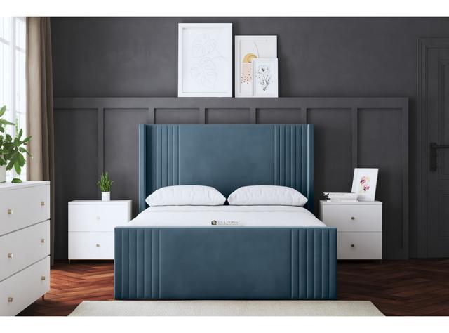 Elara Winged Panel Bed with Headboard Fairmont Park Size: Small Single (2'6), Colour: Blue on Productcaster.