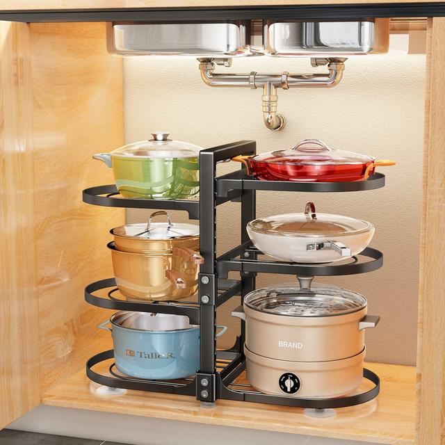 Pots And Pans Organiser, 6 Tier Snap-On And Adjustable Saucepan Storage Rack, Detachable Pot And Pan Stand Holder For Kitchen Cupboard, Rustproof, Bla on Productcaster.