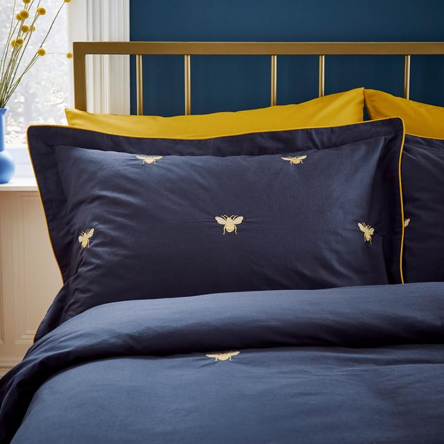 Bee Embroidery Cotton Percale Cover Set Navy JOULES Size: Single - 1 Standard Pillowcase on Productcaster.