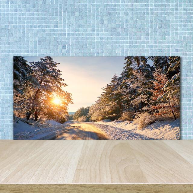 Road in the Winter Forest 50cm x 100cm Glass Panel Union Rustic on Productcaster.