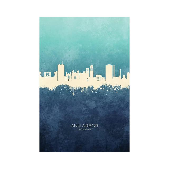 Ann Arbor Michigan Skyline Navy Cyan by Michael Tompsett - Wrapped Canvas Graphic Art ClassicLiving Size: 30.48cm H x 20.32cm W x 1.91cm D on Productcaster.