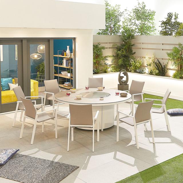 Fara 8 Seater Dining Set Ebern Designs Colour (Table Top): Sandstone, Colour (Chair Frame): White on Productcaster.