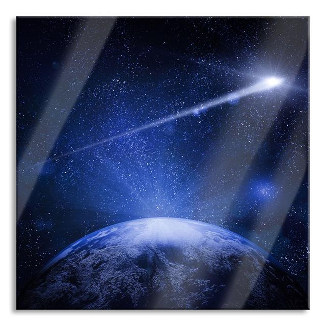 Shooting Star Flying Above The Earth - No Frame Print on Glass Ebern Designs Size: 80cm H x 80cm W x 0.4cm D on Productcaster.