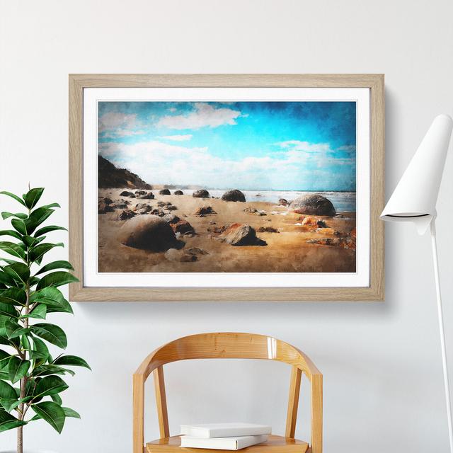 Moeraki Boulders Beach New Zealand - Picture Frame Graphic Art East Urban Home Size: 48cm H x 65cm W x 2cm D, Frame Option: Oak on Productcaster.