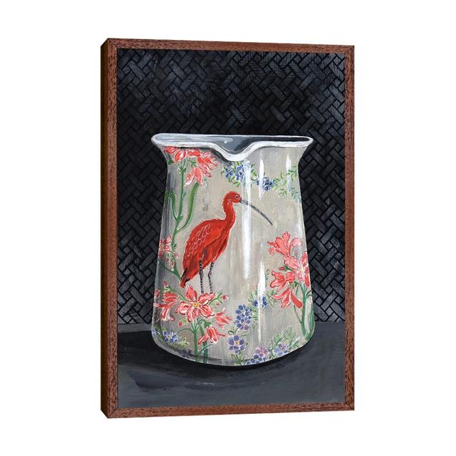 Scarlet Ibis Vase by Miri Eshet - Painting on Canvas Ebern Designs Format: Classic Brown Wood Framed, Size: 101.6cm H x 66.04cm W x 3.81cm D on Productcaster.