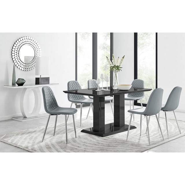 Edzard Double Pedestal High Gloss Dining Table Set with 6 Luxury Faux Leather Dining Chairs Canora Grey Colour: Black, Colour (Chair): Grey/Silver on Productcaster.