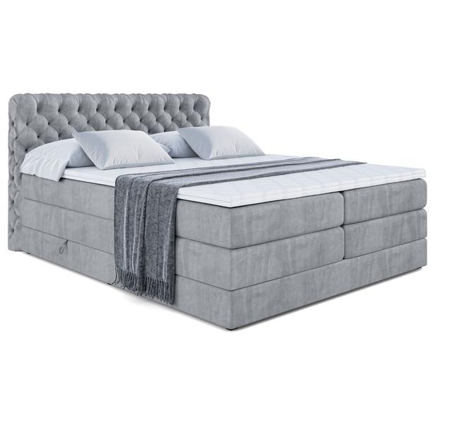 Echtes Boxspringbett mit gesteppter Rückwand, Zwei Matratzen, Topper und Bettkasten ModernMoments Farbe: Grau, Matratzenhärte: 180 cm B x 200 cm L on Productcaster.