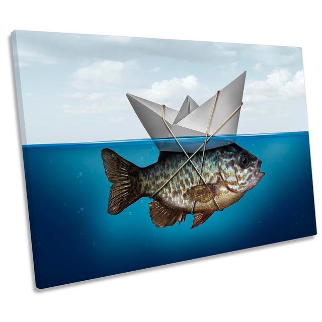 Fish Sail Boat Surreal Bathroom Picture CANVAS WALL ART Print Blue Maturi Size: 61cm H x 91.4cm W on Productcaster.