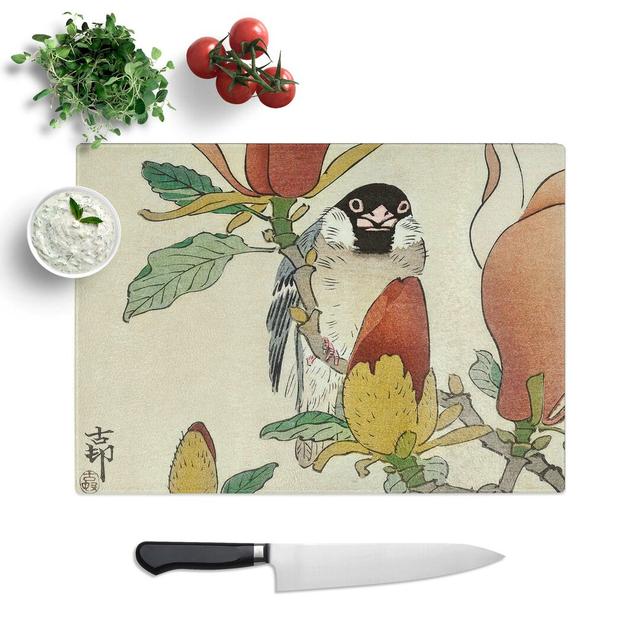 Tempered Glass Sparrow Bird upon Magnolia Branch by Ohara Koson Chopping Board East Urban Home Size: 39 cm W x 28.5 cm L on Productcaster.