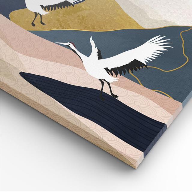 Cranes Mountains Sun - Wrapped Canvas Graphic Art Rosalind Wheeler Size: 50cm H x 140cm W x 1.8cm D on Productcaster.