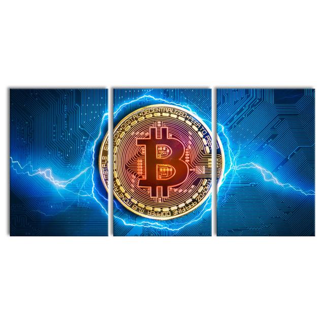 Leinwandbild Bitcoin BTC auf Motherboard ModernMoments Format: 3-tlg. Leinwand-Set, Größe: 60 cm H x 180 cm B x 2 cm T on Productcaster.