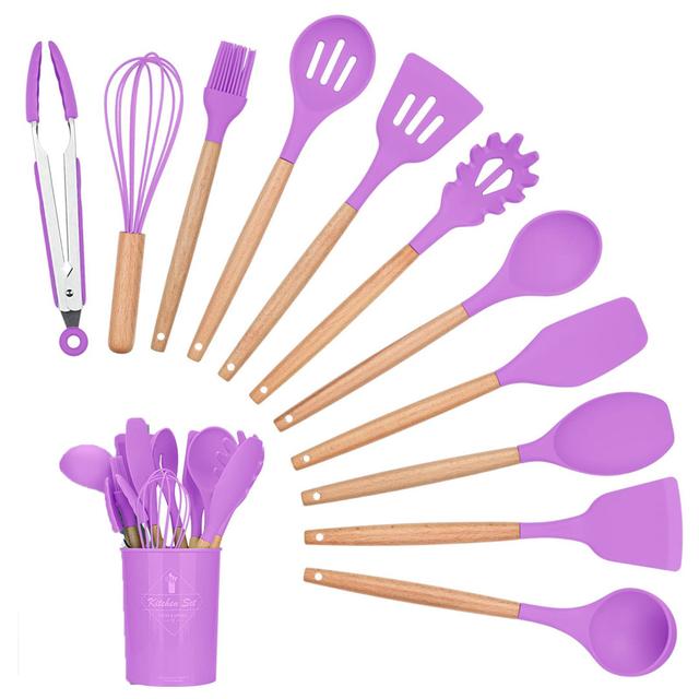 Silicone Cooking Utensils Kitchen Utensil Set, 12 Pieces Natural Wooden Handles Cooking Tool BPA Free Non Toxic Silicone Turner Tongs Spatula Spoon Ki on Productcaster.