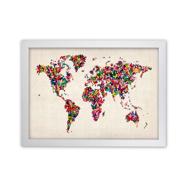 Butterfly Map Of The World Art Print by Michael Tompsett - Graphic Art Print Happy Larry Size: 34cm H x 46cm W x 3cm D, Format: White Framed on Productcaster.