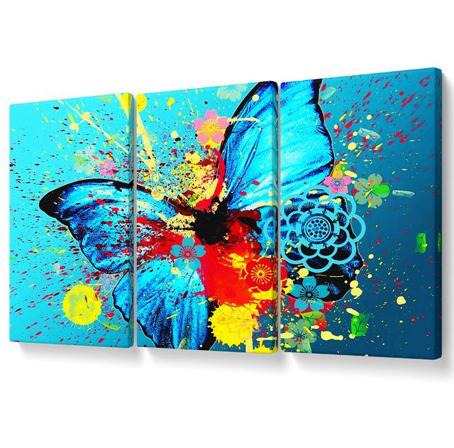 Butterfly Splash - 3 Piece Wrapped Canvas Graphic Art August Grove Size: 142.2cm H x 304.8cm W on Productcaster.