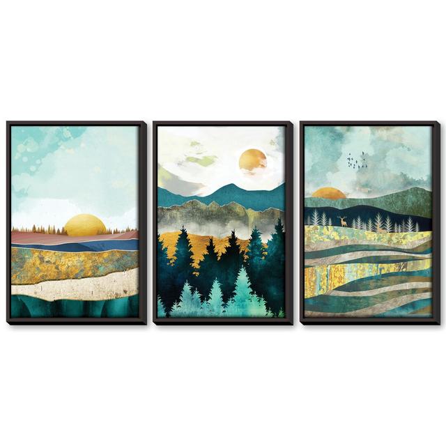 Abstract Sunsets - 3 Piece Graphic Art Set on Canvas Clock Canvas Size: 60cm H x 120cm W x 4.5cm D, Format: Black Framed on Productcaster.