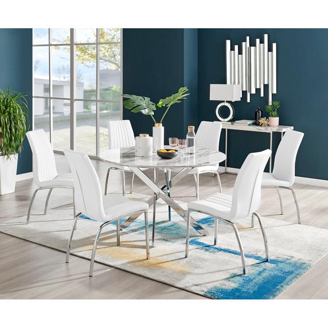 Modern Metal and Marble Effect Contemporary Dining Table & 4 Luxury Faux Leather Dining Chairs Canora Grey Chair Colour: White on Productcaster.