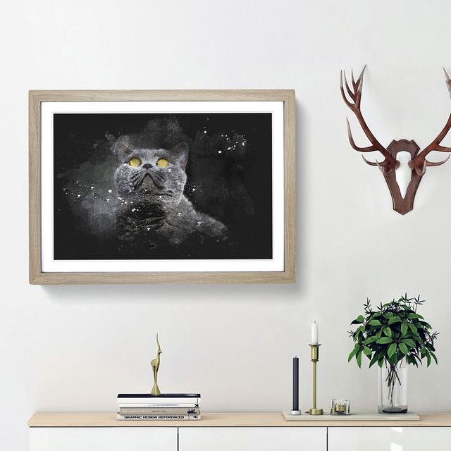 British Shorthair Cat In The Shadows Paint Splash - Picture Frame Graphic Art on MDF East Urban Home Size: 24cm H x 33cm W x 2cm D, Frame Option: Oak on Productcaster.