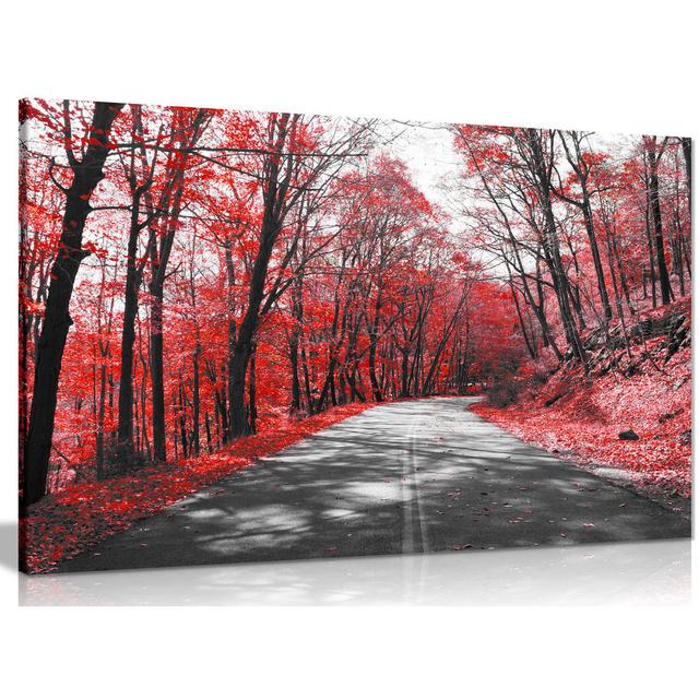 Black & White Road Trees Red Leaves Canvas Wall Art Picture Print Panther Print Size: 20cm H x 31cm W on Productcaster.