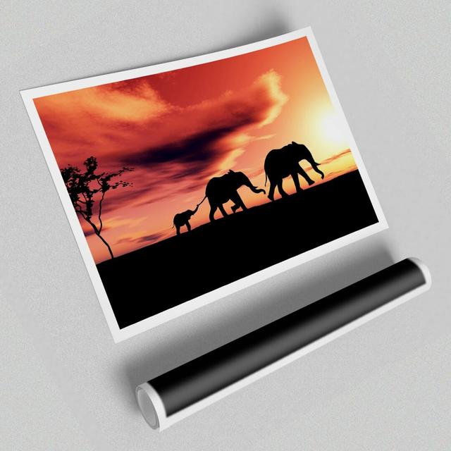 Elephant Family Sunset - Graphic Art Print on Paper East Urban Home Size: 84.1cm H x 118.9cm W x 1cm D on Productcaster.