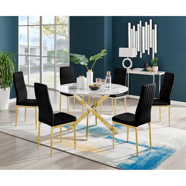 Tierra Modern Marble Effect and Metal 6 Seat Dining Table Set - Luxury Velvet Dining Chairs Canora Grey Table Base Colour: Gold, Chair Colour: Black/G on Productcaster.