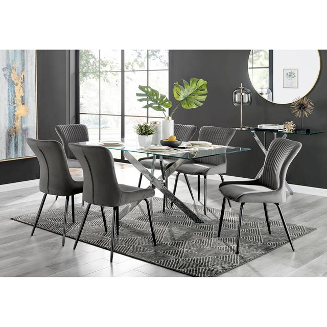 Leonardo Glass And Chrome Dining Table & 6 Dark Grey Nora Black Leg Chairs Furniture Box on Productcaster.