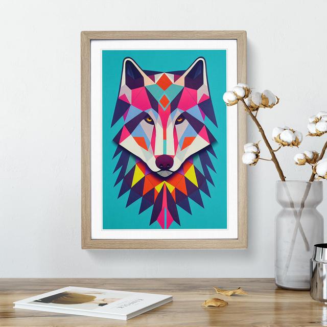 Colourful Abstract Wolf - Picture Frame Painting George Oliver Size: 64cm H x 46cm W x 2cm D, Frame Colour: Oak Framed on Productcaster.