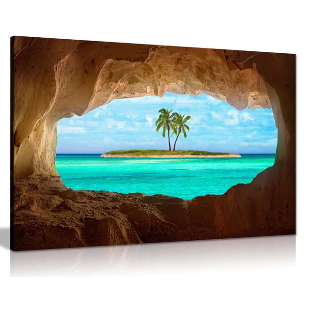 Blue Beach Palm Trees On An Island View From A Cave Artistic - Wrapped Canvas Print Panther Print Size: 41cm H x 61cm W on Productcaster.